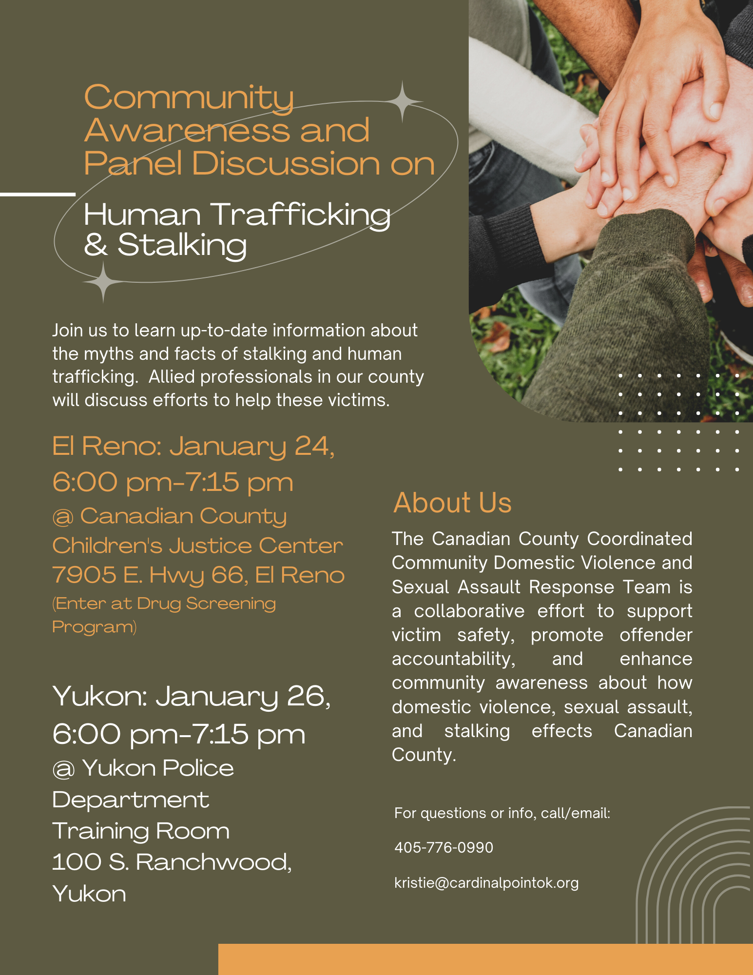 An infographic over a community event that will discuss "Human Trafficking and Stalking."